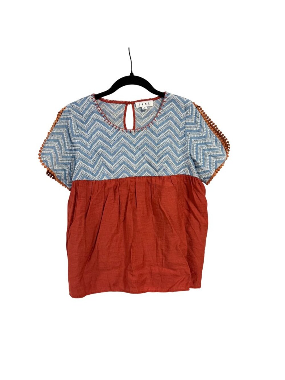 THML Chevron Blue Orange Boho Peasant Tulip Sleeve Blouse Size S